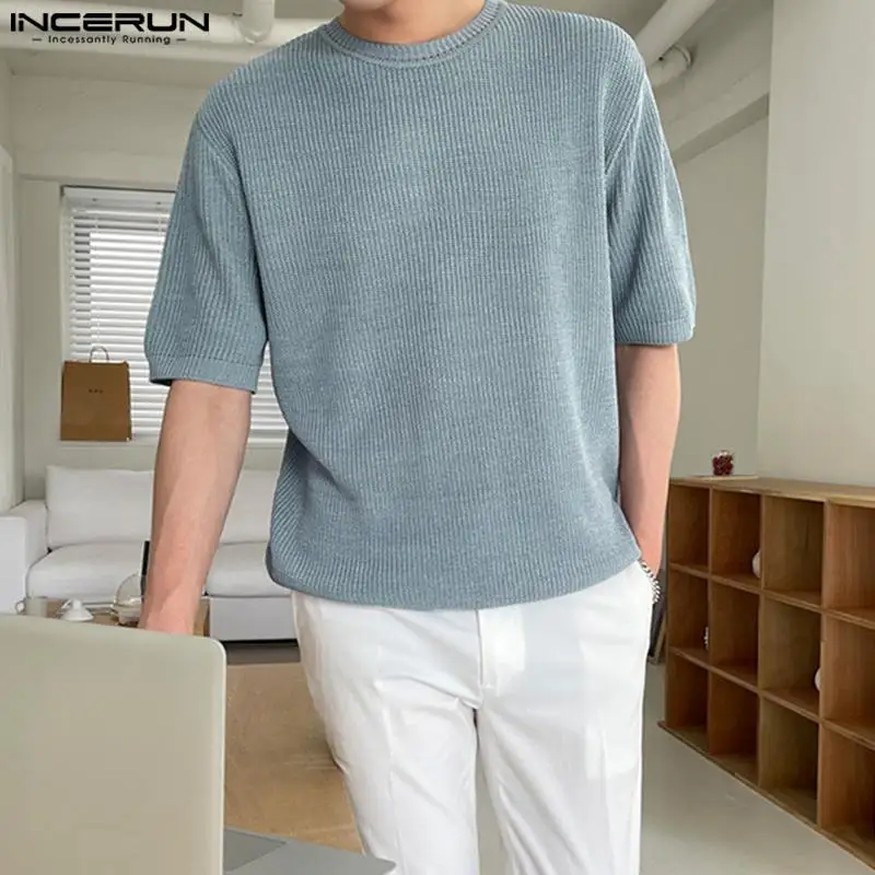 

INCERUN Men T Shirt Solid Color O-neck Short Sleeve Streetwear Summer Korean Style Casual Tee Tops 2023 Basic Men Clothing S-5XL