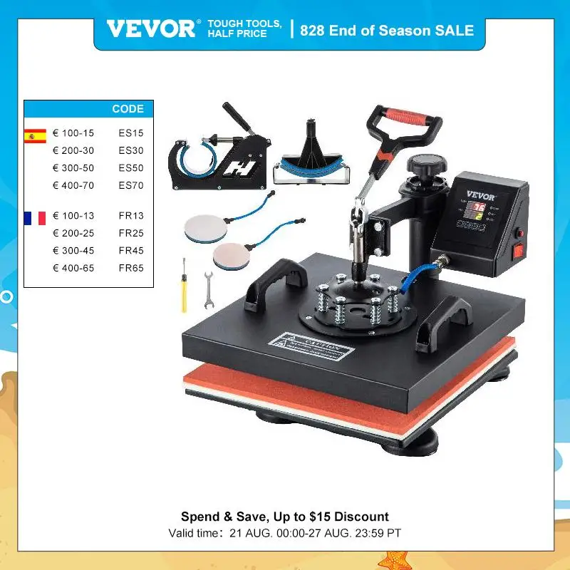 VEVOR 5 in 1 Heat Press 38CM*38CM Double Display Digital Multifunctional Sublimation for DIY T-Shirts Clothes Hat Mug Cap Plate