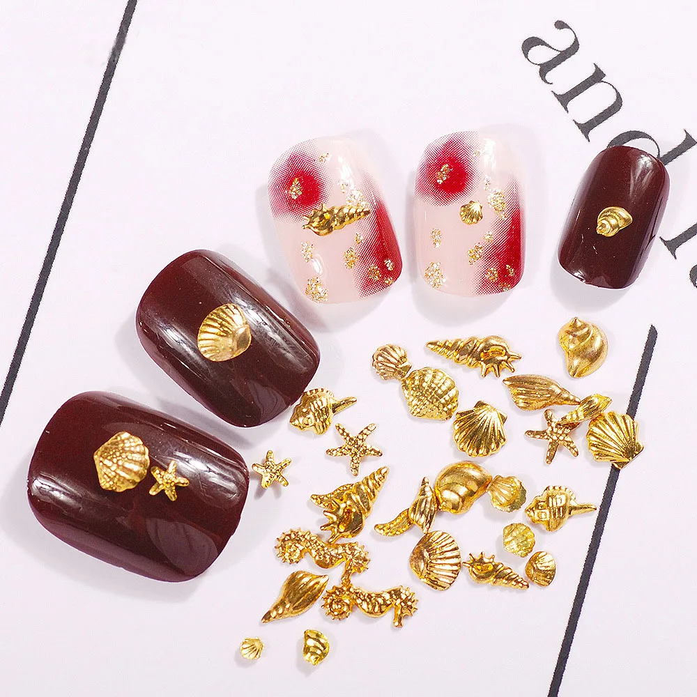 

24Grid/Box Summer Ocean Metal Rivet Nail Decoration Starfish Shell Palm Tree Shape Studs Charms Mix Style Cool Sea Gold Parts Y4