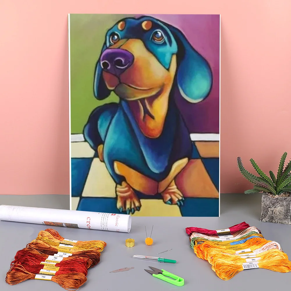 

Animal Dachshund Pre-Printed 11CT Cross Stitch Complete Kit Embroidery DMC Threads Handicraft Handmade Handiwork Design