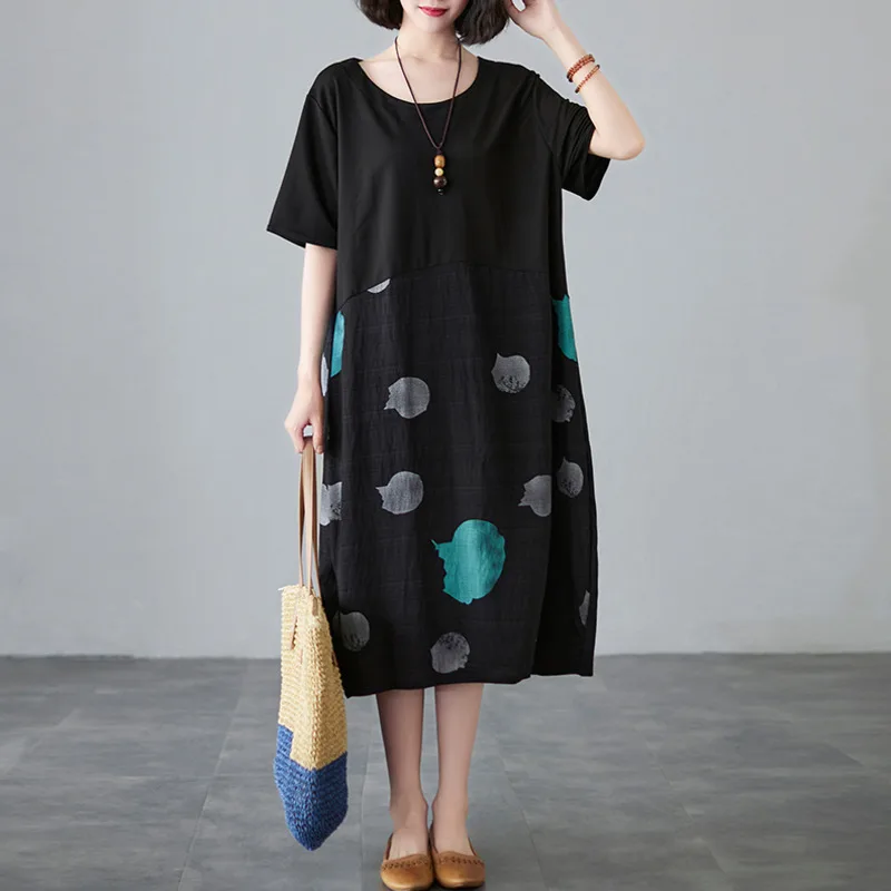 Летнее черное платье-миди #3266 женское в горошек из хлопка и льна женские