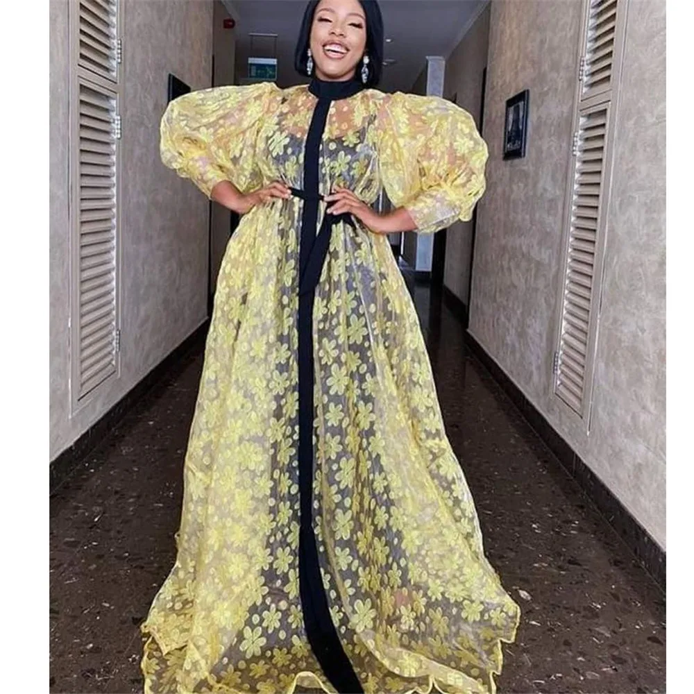 

Женское платье с желтым принтом, Свободный пуловер с высокой талией и пышными рукавами, длинное весеннее модное вечернее платье макси для в...