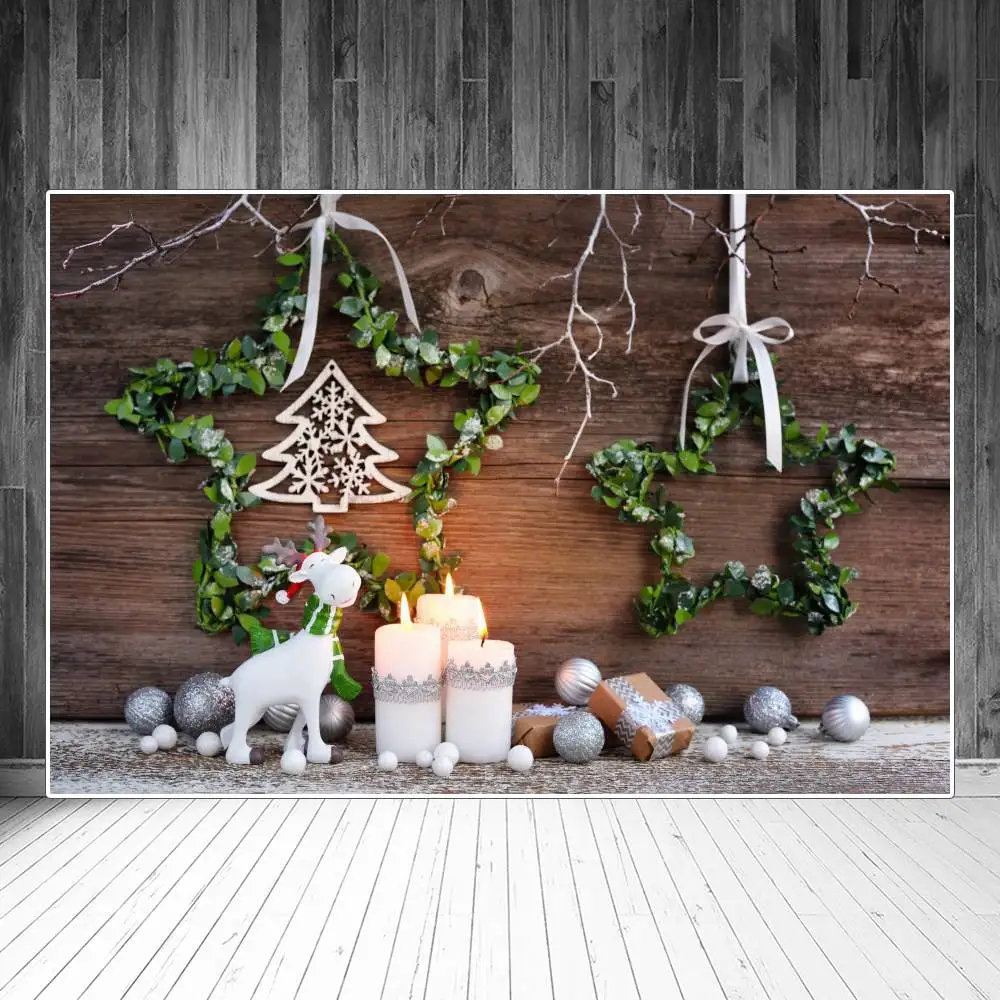 

Фон для фотосъемки с изображением рождественского оленя свечей деревянных досок индивидуальный подарок оставьте звезды Фотофон