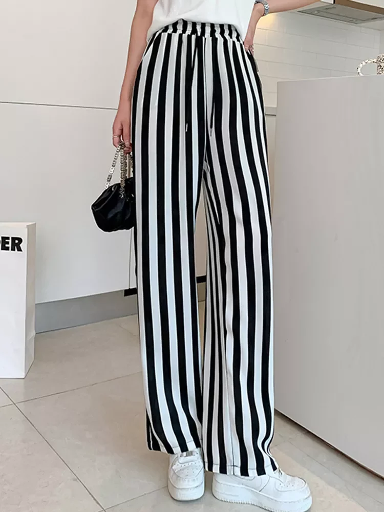 

Striped Fashion Office Ladies Pants High Waist Elastic Korean Style Women Summer Thin Trousers Casual Black White Pants