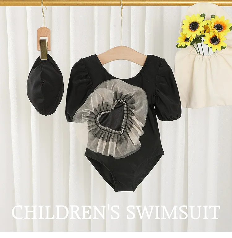 

Baby Girl Swimwear Summer New Solid Love One Piece Swimsuit with Hat for Children Short Sleeve Kids Clothes Girls 1-8Years