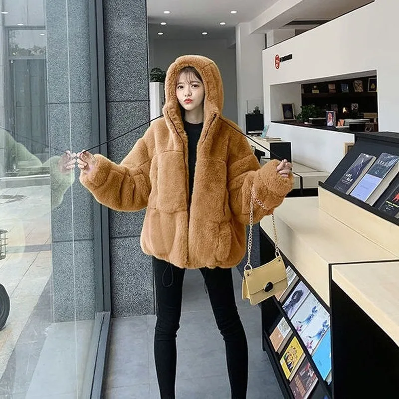 leopard brown Autumn Elegant Women Loose Hooded Teddy Bear Coat Faux Fur Jacket Female Zipper Furry Outwear Overcoat with Pocket