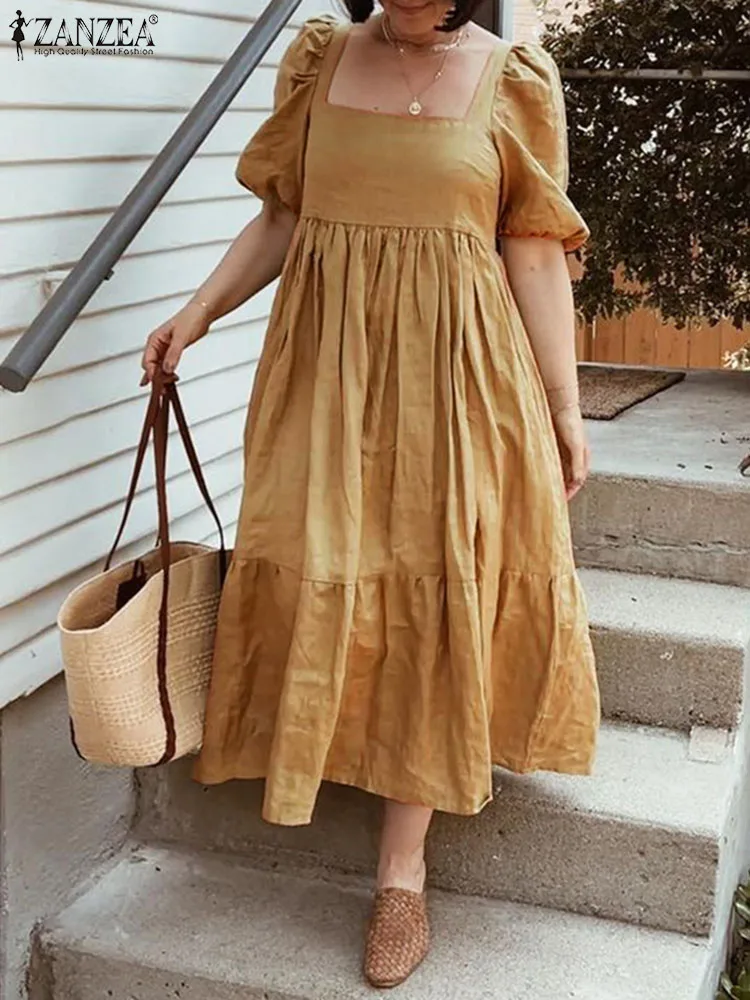 

Платье-миди женское ТРАПЕЦИЕВИДНОЕ с квадратным вырезом и коротким рукавом-фонариком