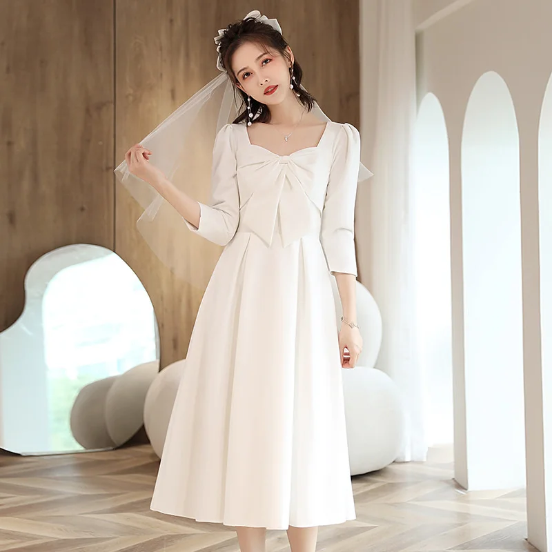 Маленькое Белое Платье, весеннее свадебное платье, сатиновое французское платье с длинным рукавом, платье подружки невесты, обручальное платье