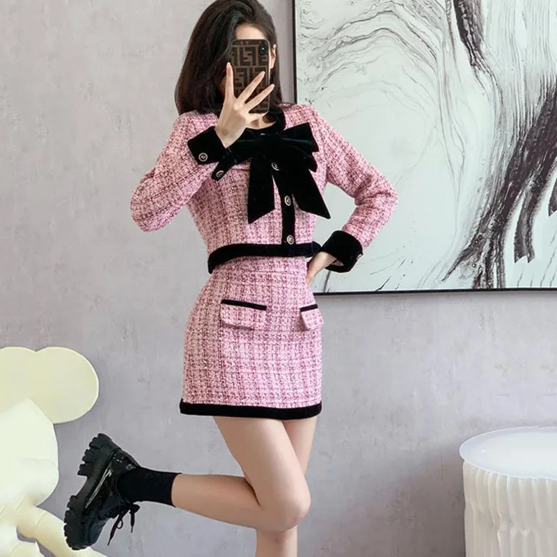 Женский офисный костюм из двух предметов розовая мини-юбка с бантом и короткая