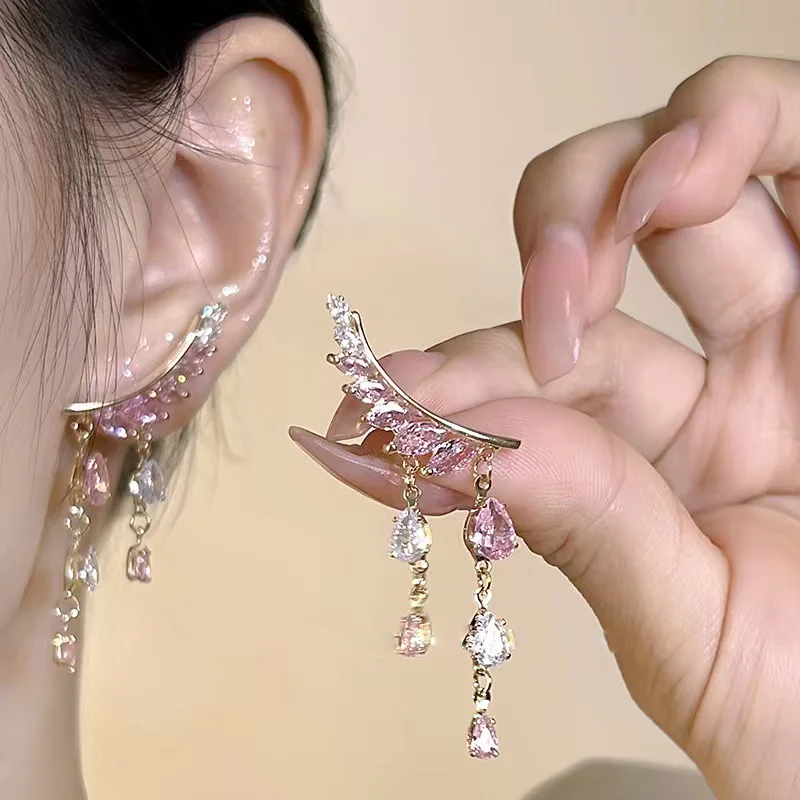 

2023 New Fashion Trend Unique Design Elegant Delicate Pink Tassel Zircon Earrings Women Jewelry Wedding Party Gifts Wholesale