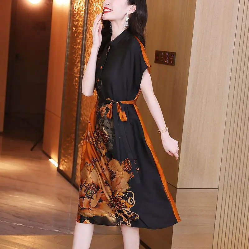 Модное шелковое винтажное платье с воротником-стойкой и пуговицами женская