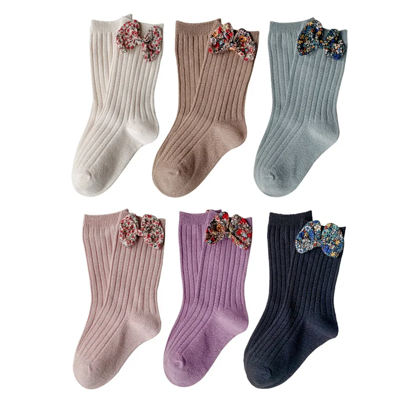 3 Pairs Flower Bow Girls Socks Cotton Breathable Medium Tube Socks Autumn Winter Toddler Deodorization Knee High Socks 1-8 Y