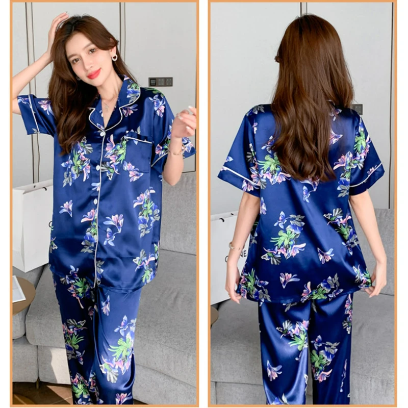 Print Flower 3XL-8XL Oversized Silk Set Woman 2 Pieces Sleepwear Casual Short Sleeve Top and Pants Pijamas Stain Pyjama Femme