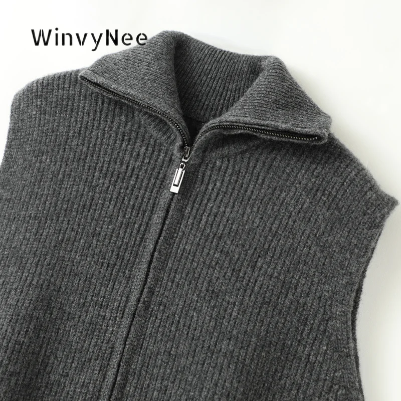 Фото Женский вязаный жилет WinvyNee из чистой шерсти на молнии с отложным воротником, без рукавов, минималистичный шик, для повседневных многослойных образов C1733059 №5