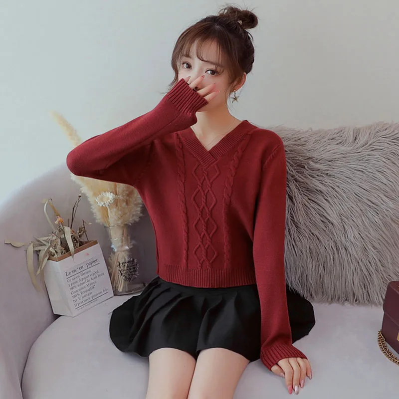 

LY VAREY LIN Autumn Winter Sweater Women Short V Collar Bottom Knitted Pullover Vintage Long Sleeve Casual Fashion Jumper Tops