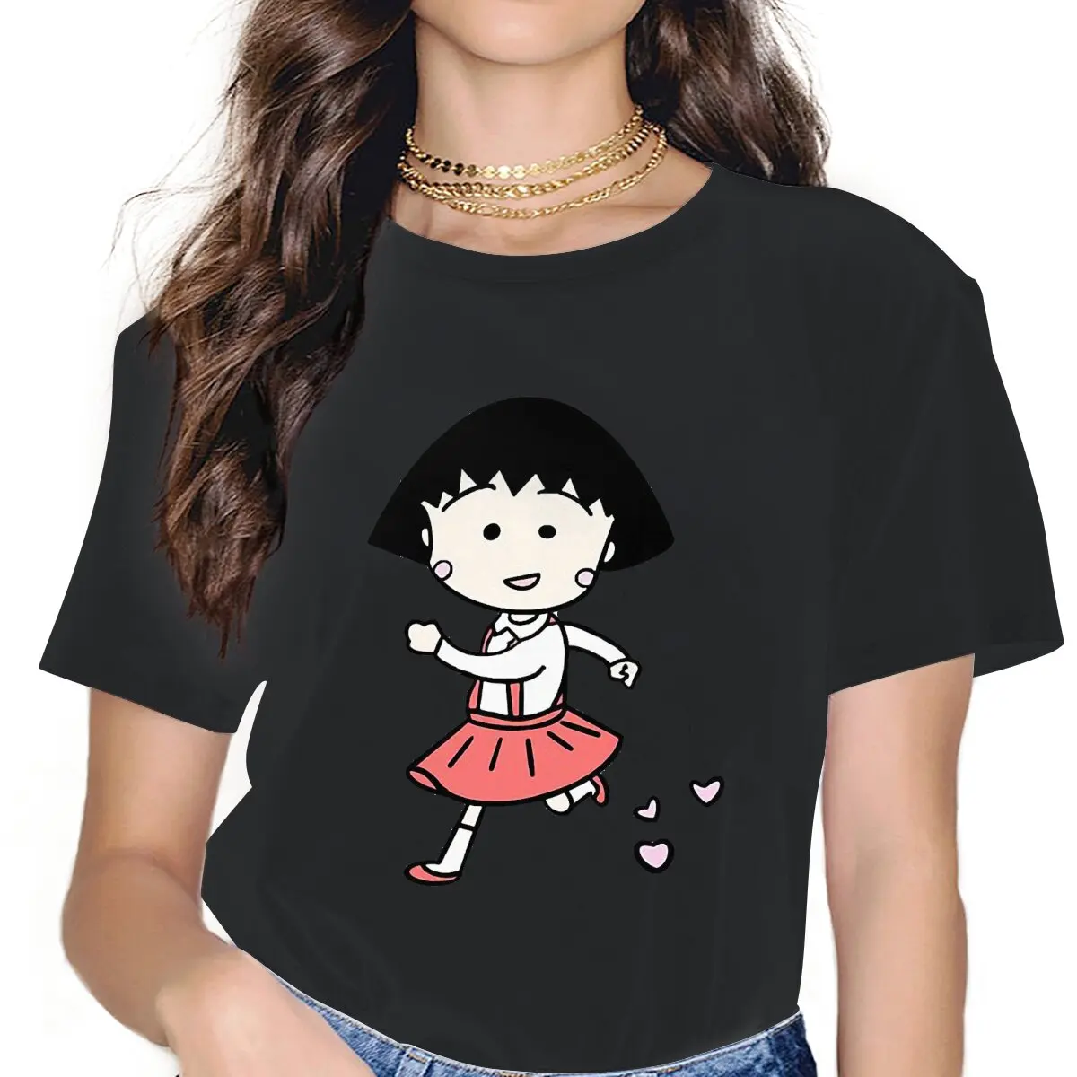 

Женские футболки Run Chibi Маруко-тян, милая винтажная Женская одежда свободного кроя с коротким рукавом и графическим принтом для девушек