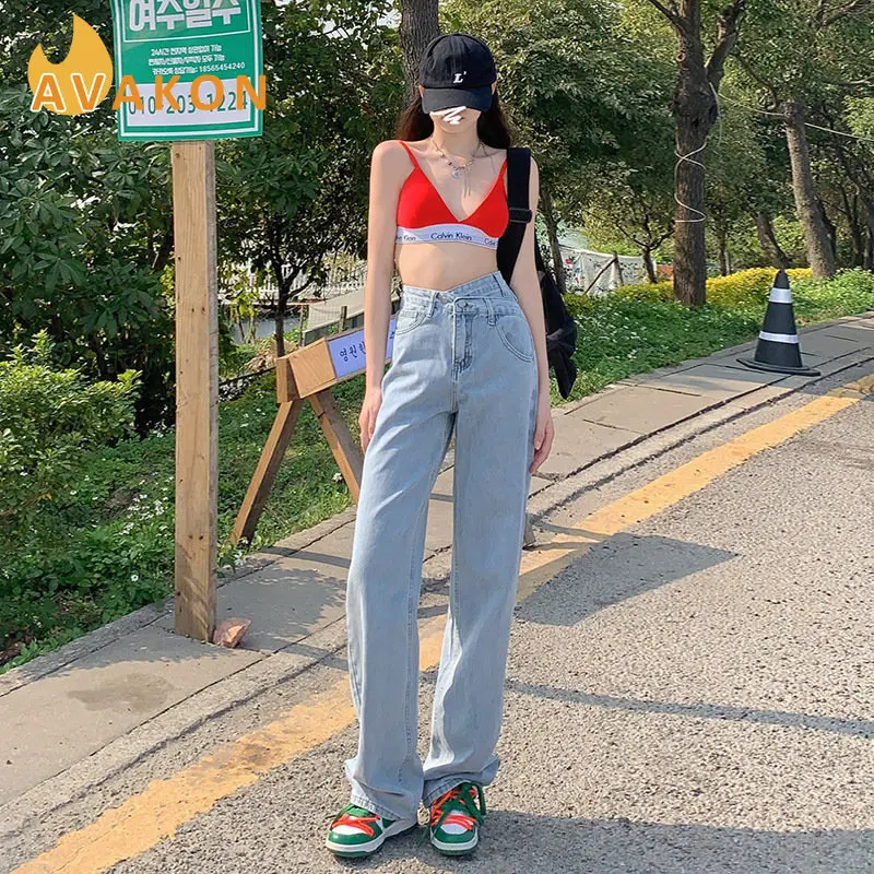 

Dark/Light Blue High-Waist Bottoms for Office Lady Straight 2022 Women's Summer Jeans Wide Leg Pants Casual Ankle Length Pants