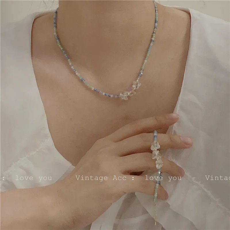 AOMU Spring Korea Retro Blue Transparent Resin Beaded Elastic Bracelet Irregular Geometric Love Lock for Women Jewelry | Украшения и