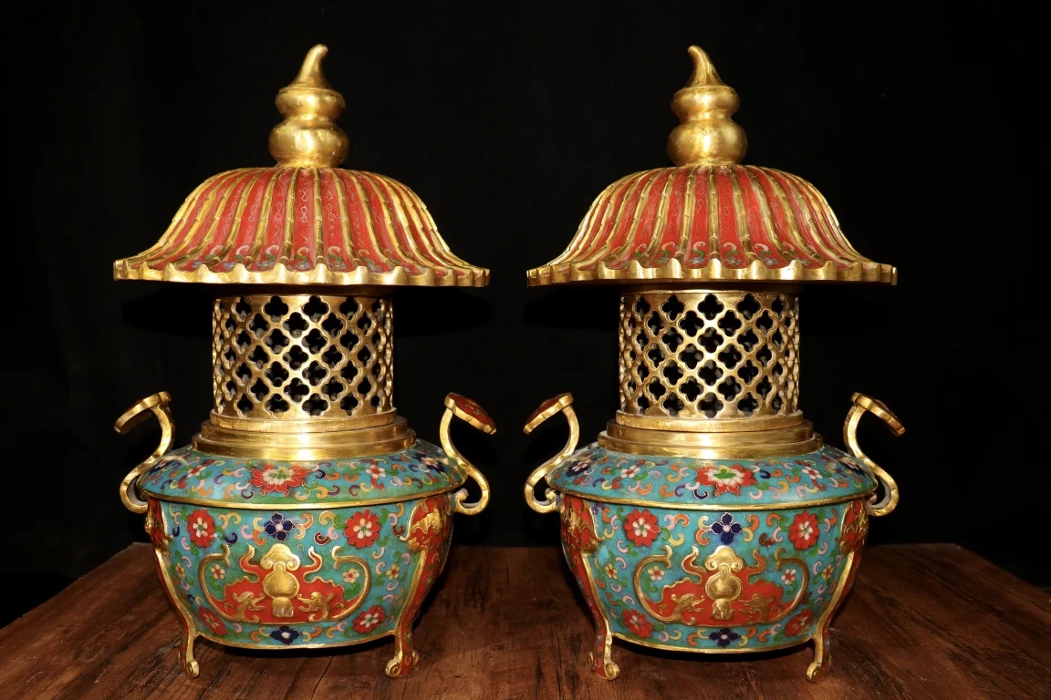 

19"Tibet Temple Collection Old Bronze Cloisonne Enamel Flower pattern Gourd Ruyi ear incense burner A pair Worship Hall