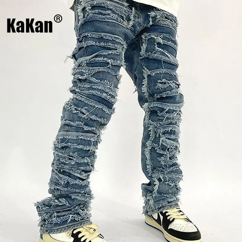Kakan - New High Street Washed Cat Beard Harlan Patch Jeans for Men, Worn Out Slim Fit Slim Feet Men's Pants Jeans K27-g37