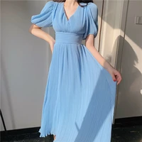 womens french first love small fresh blue dress summer thin sexy dress casual a line mid calf v neck