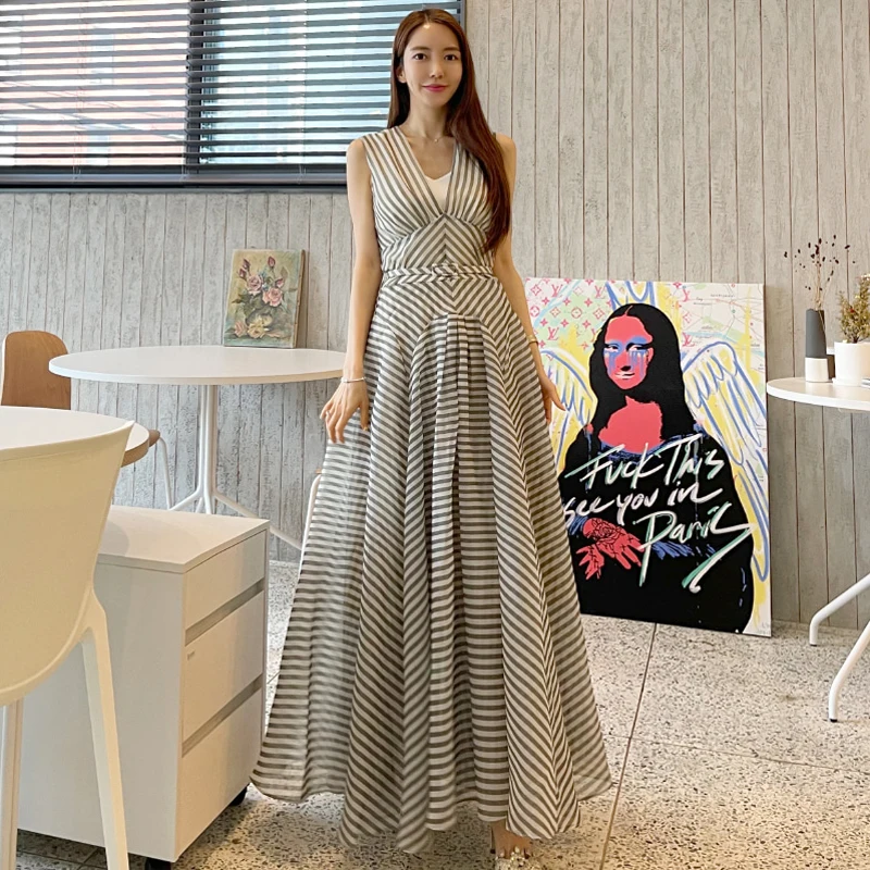 

Elegant Women's Striped Mixi Dress Summer V-Neck Sleeveless Long Dress Two Piece A-line Robe Female Vestidos Korean Clothing