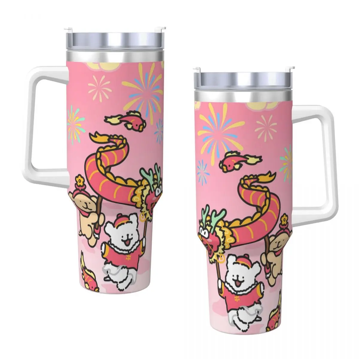 Line Puppy Maltese Dragon Dance Пляжный стакан из нержавеющей стали с соломинкой и крышкой