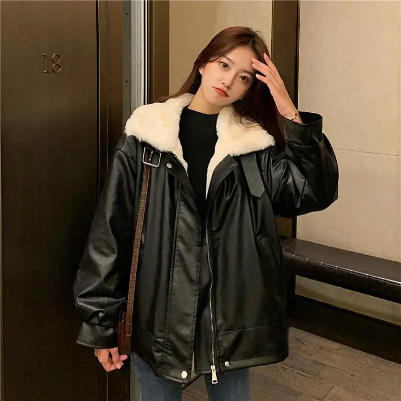 PU Leather Jacket Thicken Coats Lamb Leather Jacket Women Winter Jacket Women 2022 Warm Women's Coat Korean Heavy Jackets Women