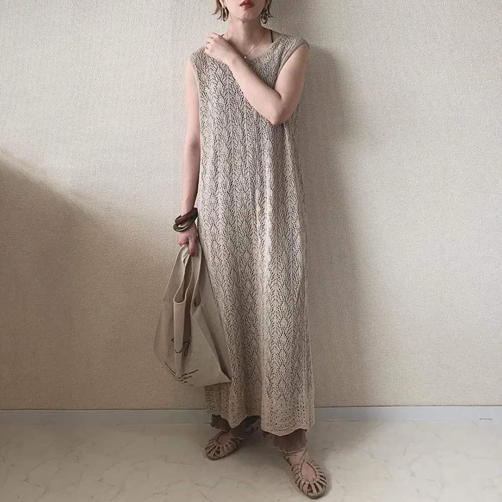 

Dress Back Slit Hollow Sleeveless Knitted Dress Japan Korean Style Summer New Pullover Gentle Dresses For Women 2022