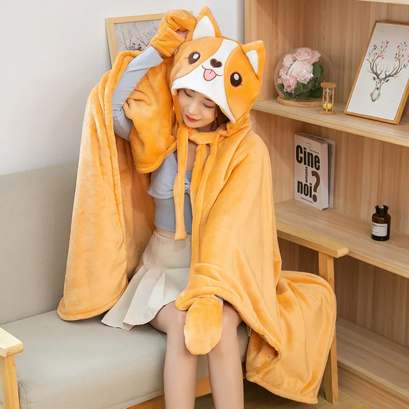 

New Aldult Soft Cloak Pig Cape Plush Toy Shiba Inu Duck Bear Cartoon Cloak Coral Fleece Air Conditioning Blankets Great Gifts