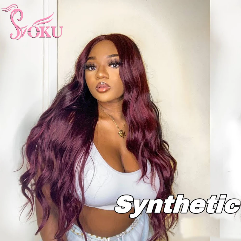 

Burgundy Synthetic Lace Front Wigs L Side Lace Wig SOKU Heat Resist Fiber Soft 30 Inch Long Wavy Red Hair Wig for Black Women