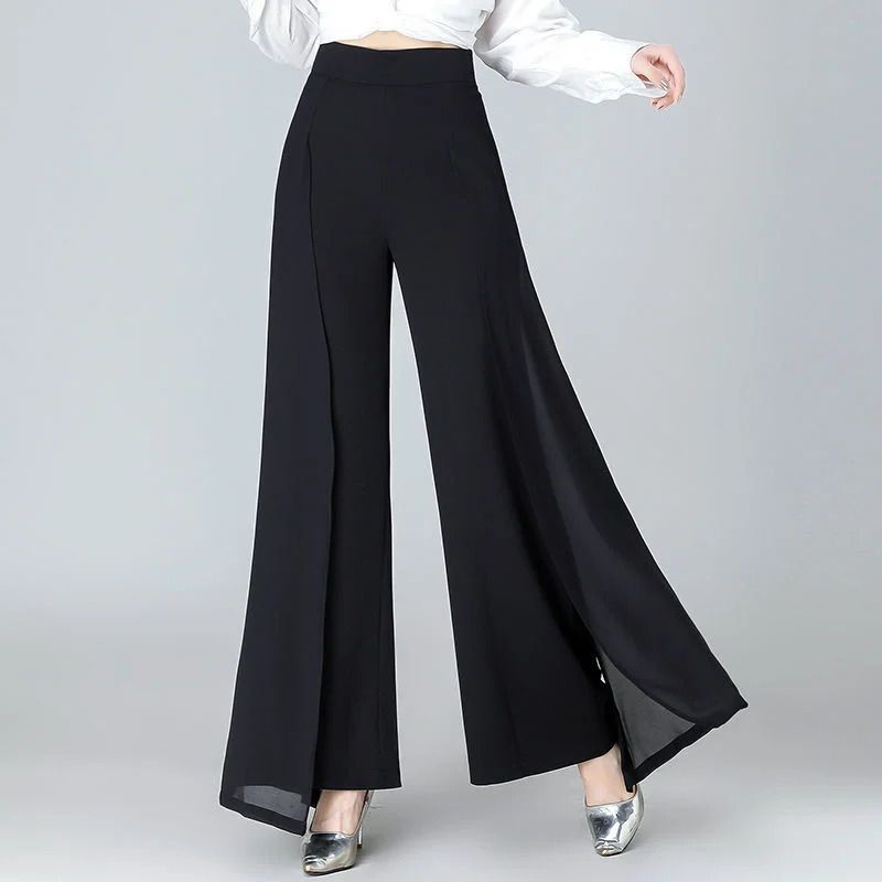 Chiffon Wide Leg Pants High Waist Casual Black Elegant Trousers Women Korean Fashion Clothing New Baggy Pantalon Femme