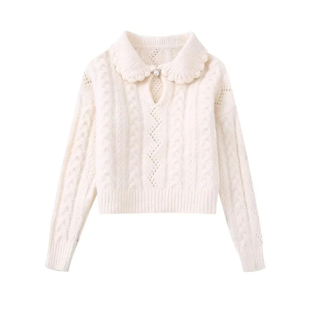 

Женский облегающий свитер с лацканами BER & OYS & ZA2022, осень/зима, с пуговицами из искусственного жемчуга и длинным рукавом