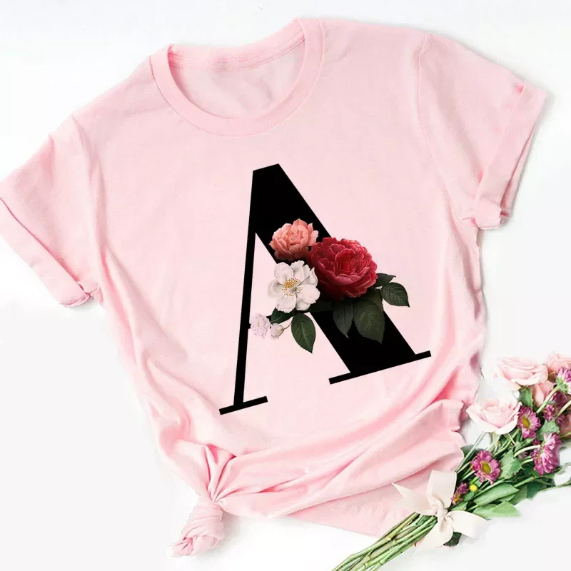 

2022NEW 26 English Alphabet Print Tshirt Fashion Harajuku Casual Pink Tops Tee Women Couples Lovers Female T-Shirt,Drop Ship