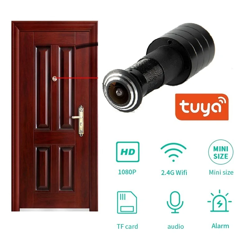 

Tuya Security 1080P Mini WiFi Door Eye Hole IP Camera Wide Angle FishEye Lens 1.66mm Peephole CCTV Network Audio Horn P2P