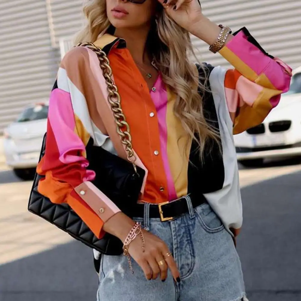 

Женская Осенняя рубашка с цветным принтом, однобортная женская рубашка с лацканами, свободная блузка на пуговицах с длинным рукавом-фонариком, женская одежда