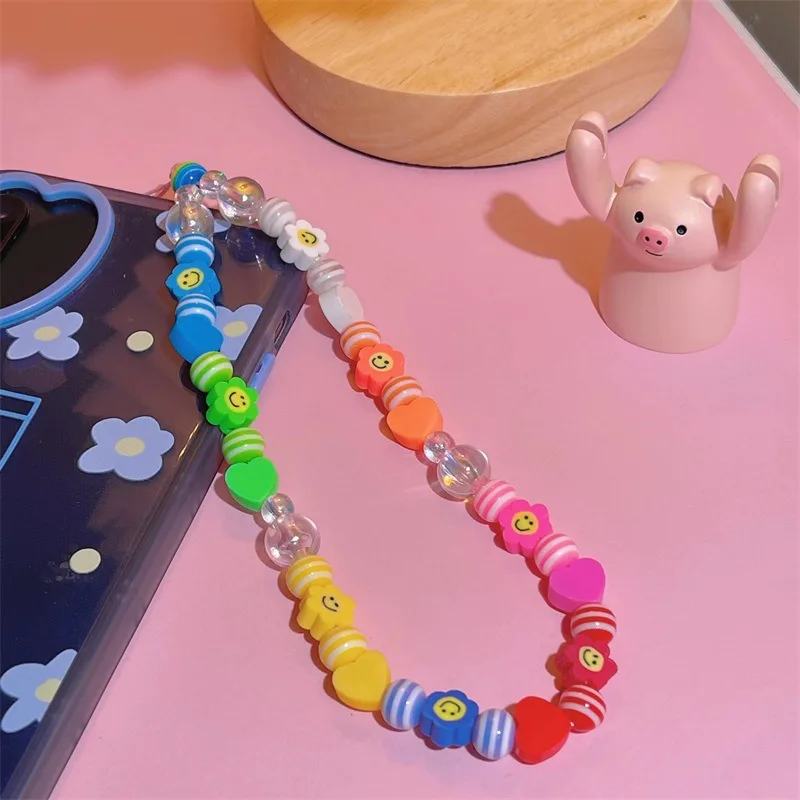 

Colorful Soft Clay Smiley Mobile Phone Chain Girl Trend Cute Beaded CellPhone Strap Charm Anti-Lost Lanyard For Women Jewelry