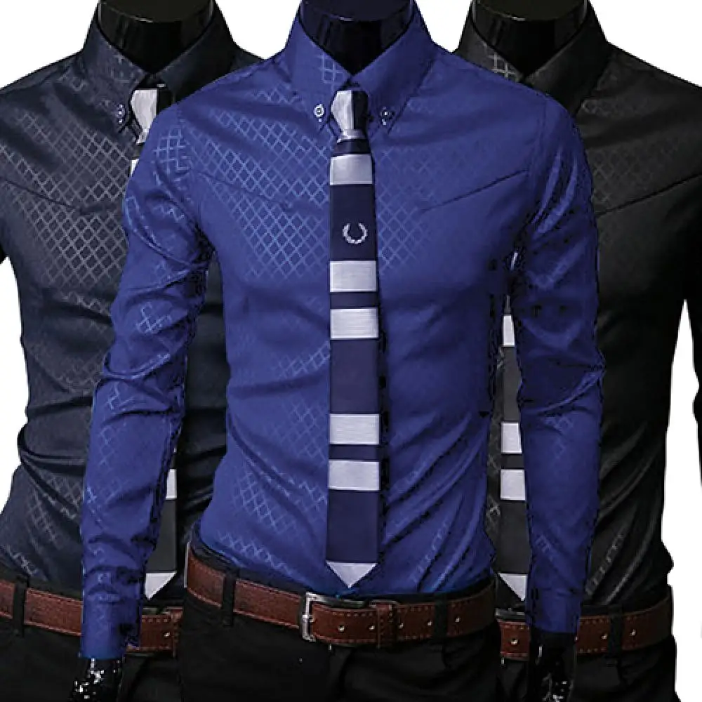 

Fashion Men Business Polo Business Shirt Top Printed Turn Down Collar Argyle Luxury Slim Casual Long Sleeve Male Social Shirt