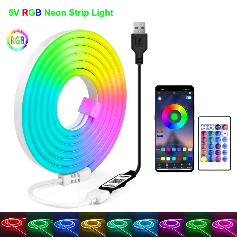 Светодиодная неоновая лента RGB 5 В, USB, Bluetooth, приложение, дистанционное управление, неоновые веревочные светильники, гибкий светильник, уличный IP67, водонепроницаемый для внутреннего декора