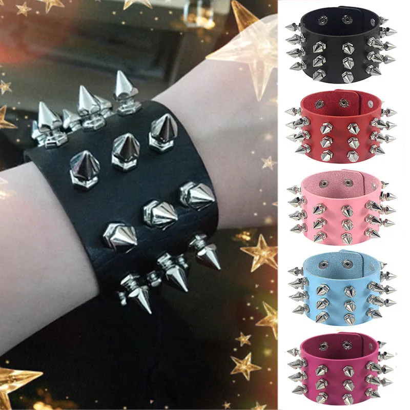 

Three Row Cuspidal Spikes Rivet Stud Wide Cuff PU Leather Punk Gothic Rock Unisex Bracelet Men Jewelry Leather Bracelet
