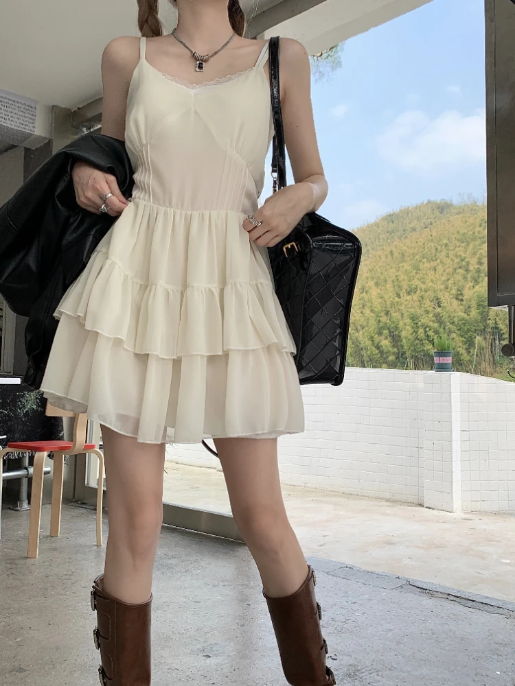 

Корейское бежевое мини-платье феи, Y2k, эстетическое винтажное Сетчатое многослойное платье с оборками, платье-туника с высокой талией, Прямая поставка