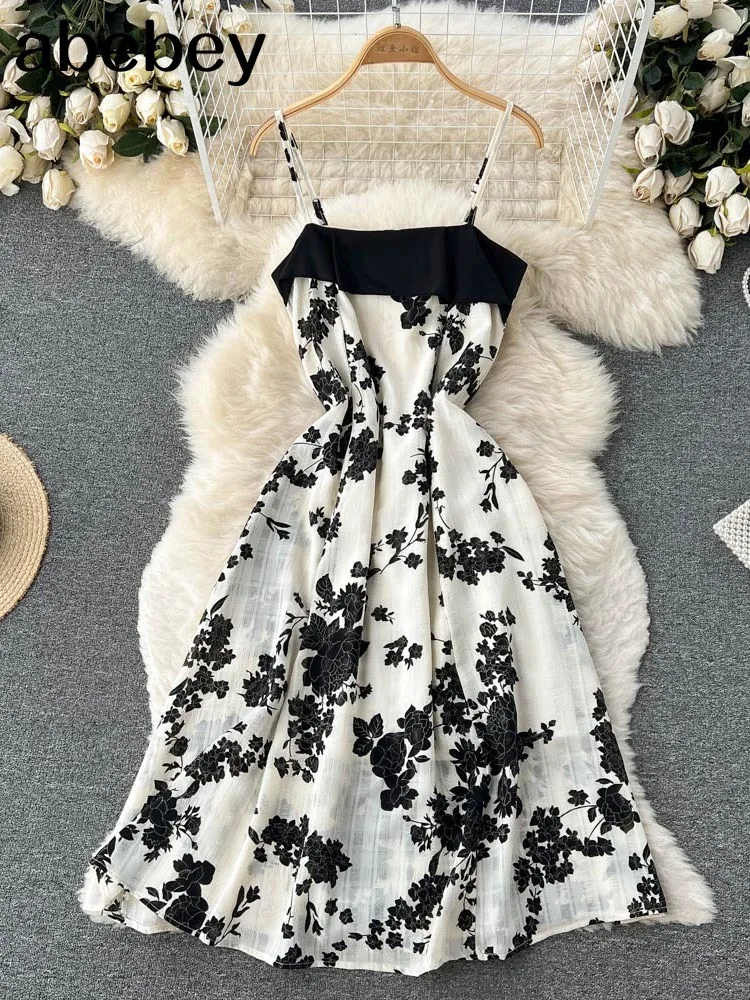 

Women Design Print Strap Dress Splice Lace 2022 Backless A-line Dresses Summer Elegant Sexy Off Shoulder Party Midi Dress