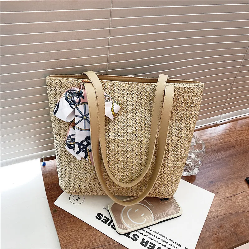 

Summer Women Durable Weave Straw Beach Bags Linen Woven Bucket Bag Grass Casual Tote Handbags Knitting Rattan Bags For Women