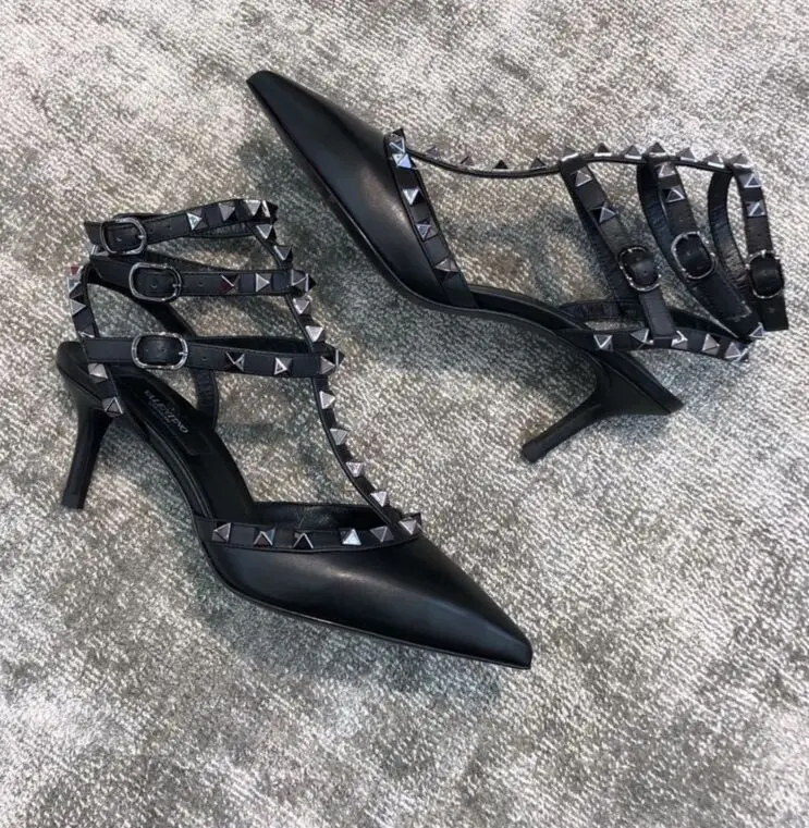 

2023 Brand Summer Genuine Leather Women's Sandals Classic Rivet Pointed High Heels Sexy Luxury Pumps Wedding Party Shoes