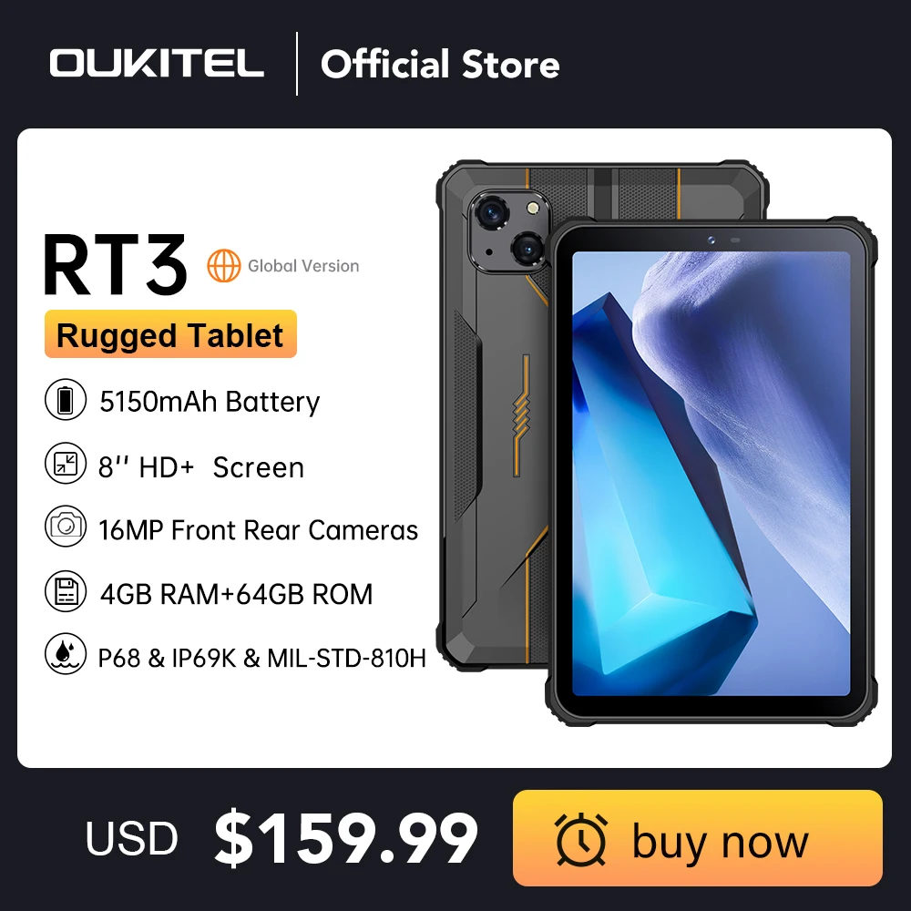 Oukitel RT3 Mini Rugged Tablet 8 Inch HD+ 5150 mAh 4GB+64GB Android 12 Tablets Mtk Helio P22 16MP Camera Pad
