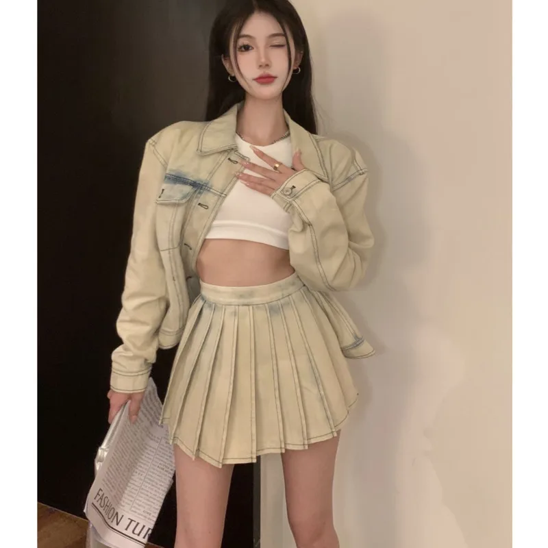 

Korean Style Fashion Tie Dyed Denim Jacket Skirt Women High Waist Thin Pleated Skirt Suit Sweet Ladies Vintage Casual Coat Set