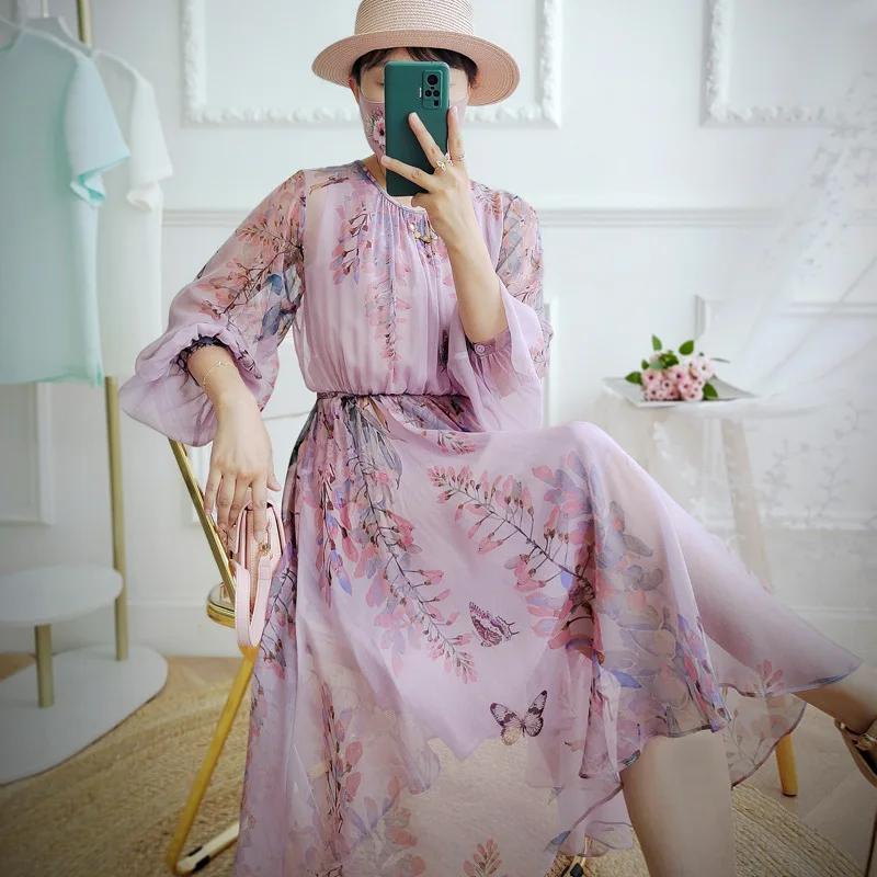 

Double Layer Mulberry Silk Dress Women Lantern Sleeves Positioning Printing A-word Big Swing 2022 Spring And Summer New