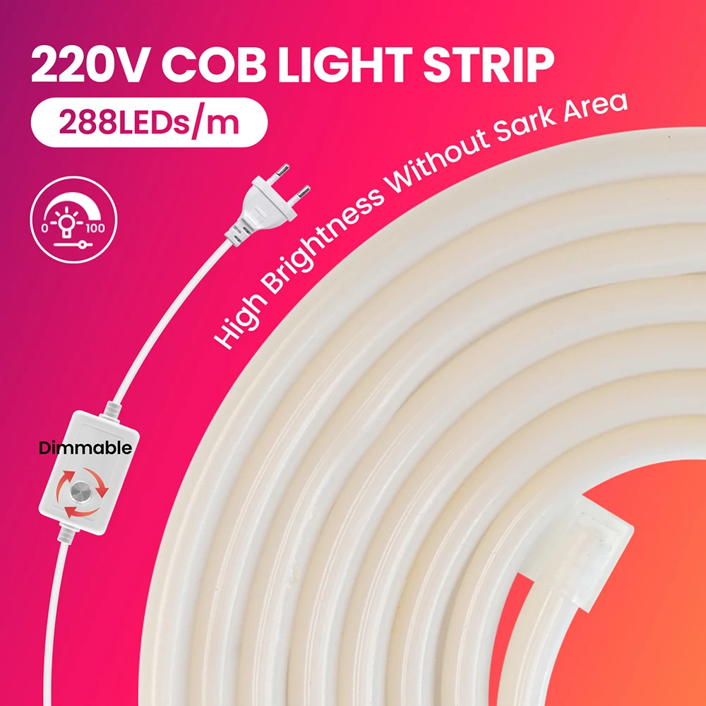 220V Led COB Neon Strip Light Dimmer Switch Power Plug Kit White Blue Pink Red Purple Yellow 5m 20m 30m 0.5m 288LED/m Flex Decor