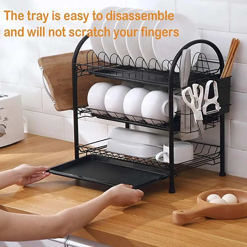 

3 Tiers Dish Drying Rack Holder Basket Plated Iron Home Washing Great Kitchen Sink Dish Drainer Drying Rack Organizer Black