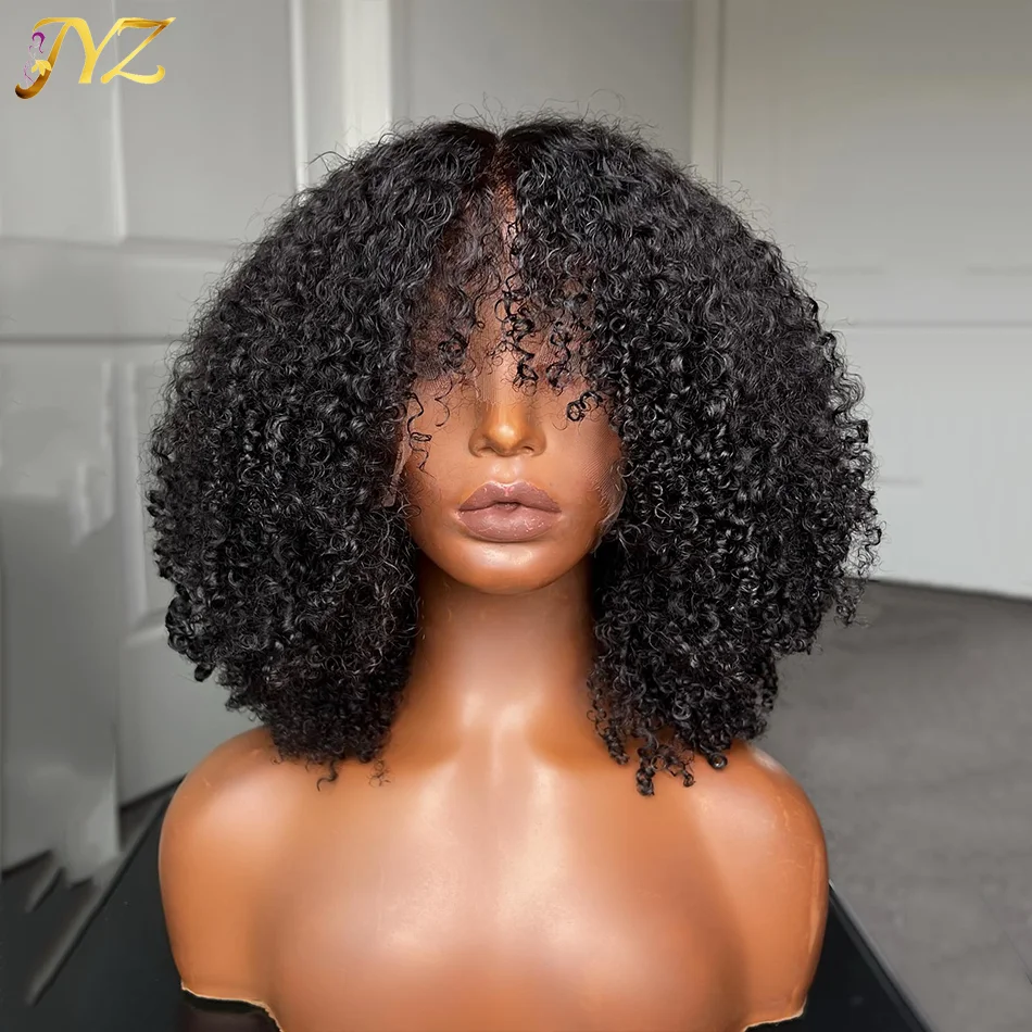 

Short Afro Kinky Curly Wig With Bangs Human Hair 13x4 HD Lace Front Wig 4B/4C Afro Curly Wig Fringe Bang Hair 200% Density JYZ
